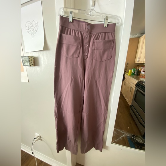 High Waisted Button Multiple Pockets Straight Leg Casual Pants in Twilight Mauve - Picture 3 of 14